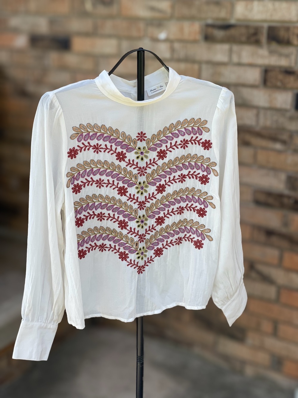 Anthropologie Meadow Rue Embroidered Boho Blouse White Long Sleeve Size 14